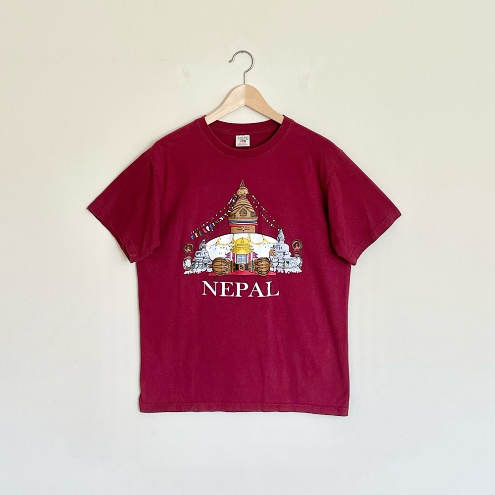 Nepal Buddha Stupa Graphic Burgundy T Shirt Adult size Large
